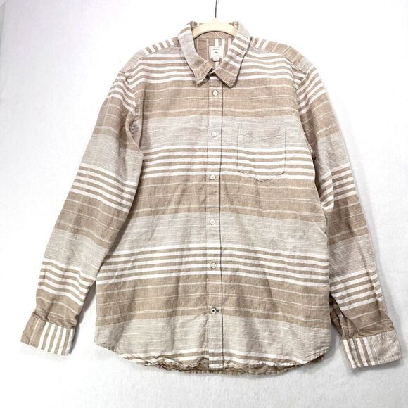 Gap Shirt Men XL Beige Cream Stripes 100% Linen Breathable Modern Everyday Work - Picture 1 of 15